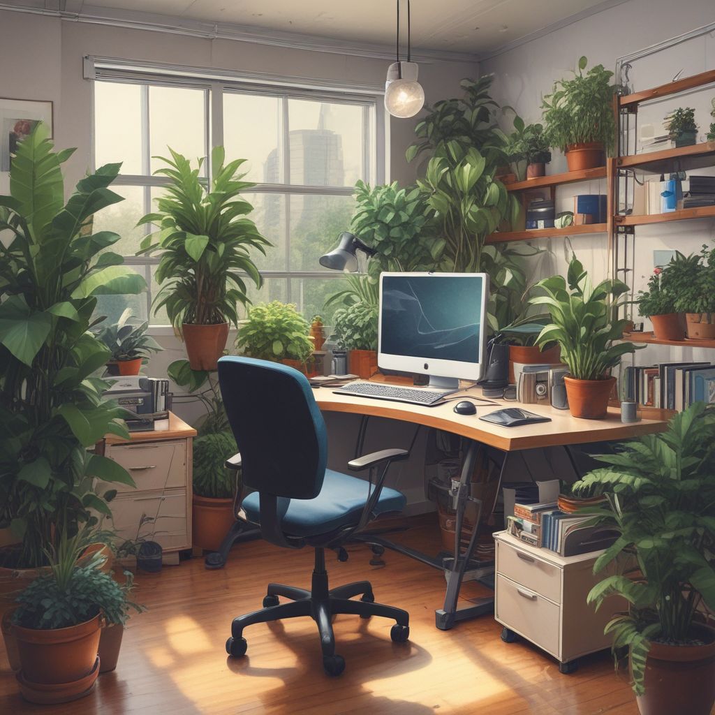 ergonomic office setup with plants